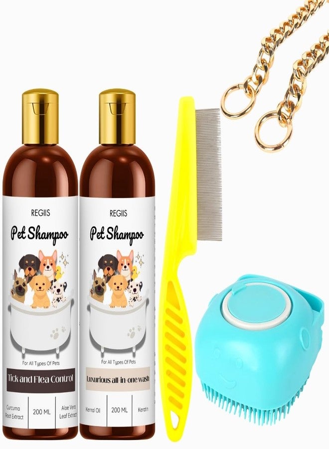 REGIIS Regis Pet Shampoo Set with Tick and Flea Control, Grooming Kit, 2 Bottles 200ML Each, Includes Flea Comb, Dog Brush, Chain Leash(5 Pack) - Image 1